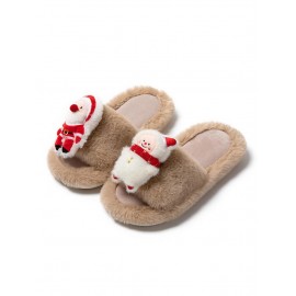 Women's Christmas Santa Claus Snowman Patched Design Fluffy Fuzzy Faux Fur Open Toe Home Indoor Slippers