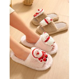 Women's Christmas Santa Claus Snowman Patched Design Fluffy Fuzzy Faux Fur Open Toe Home Indoor Slippers