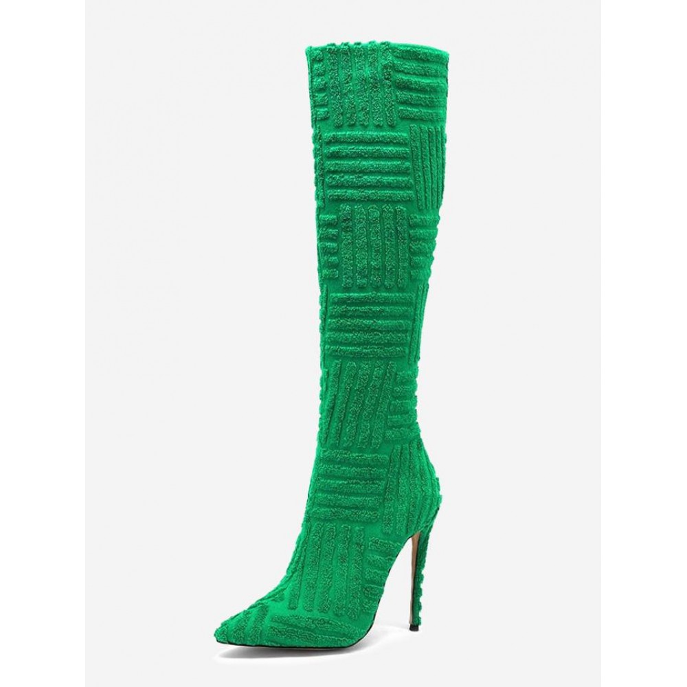 Pointed Toe Solid Color Terry Cloth Stiletto Heel Knee High Boots