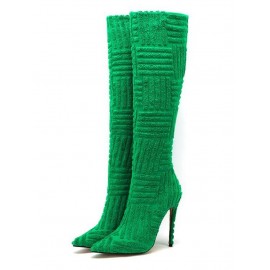 Pointed Toe Solid Color Terry Cloth Stiletto Heel Knee High Boots