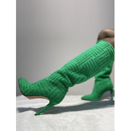 Pointed Toe Solid Color Terry Cloth Stiletto Heel Knee High Boots