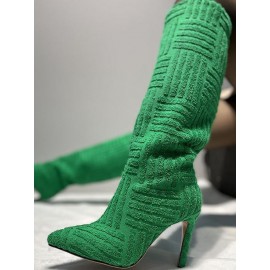 Pointed Toe Solid Color Terry Cloth Stiletto Heel Knee High Boots