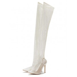 Party Club Fishnet Sequined Glitter Sparkle Heeled Pointed Toe Over-the-knee Boots