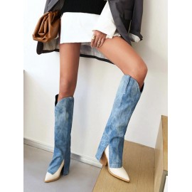 Women's Daily Streetwear Pointed Toe Block Chunky Heeled Denim Panel Spliced Foldover Knee High Boots