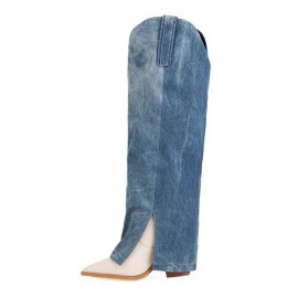 Women's Daily Streetwear Pointed Toe Block Chunky Heeled Denim Panel Spliced Foldover Knee High Boots
