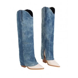 Women's Daily Streetwear Pointed Toe Block Chunky Heeled Denim Panel Spliced Foldover Knee High Boots
