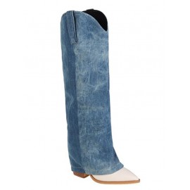 Women's Daily Streetwear Pointed Toe Block Chunky Heeled Denim Panel Spliced Foldover Knee High Boots