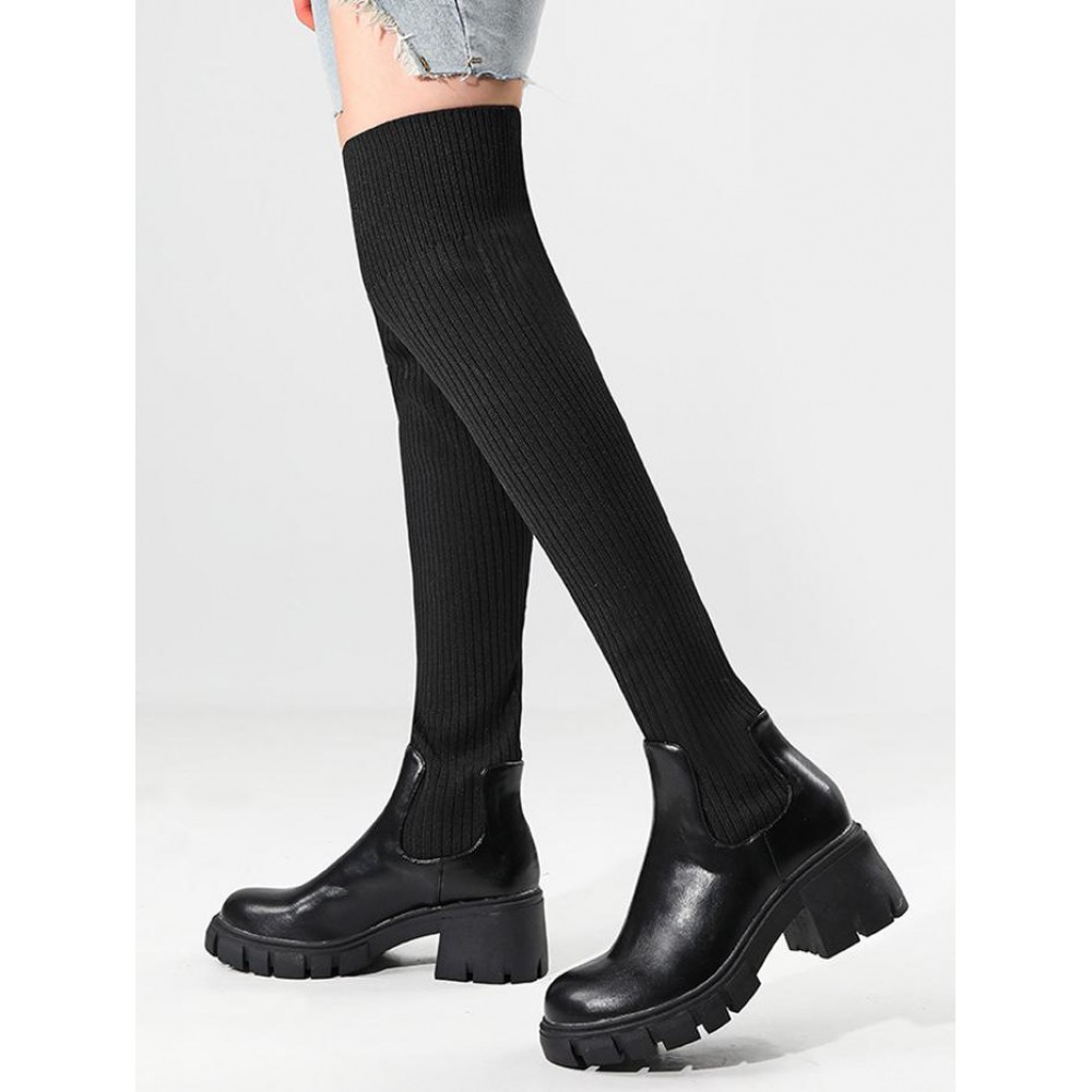 Women's British Style Solid Color Over-the-knee Length Chunky Heel Stretchy Knitted Sock Boots