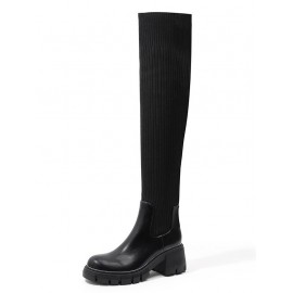 Women's British Style Solid Color Over-the-knee Length Chunky Heel Stretchy Knitted Sock Boots