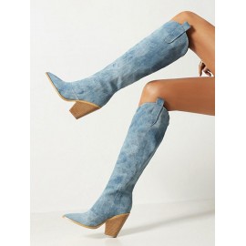 Women's Fashion Chunky Heels Pointed Toe Knee-high Denim Boots