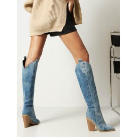 Women's Fashion Chunky Heels Pointed Toe Knee-high Denim Boots