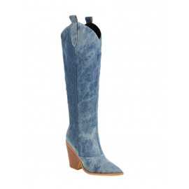 Women's Fashion Chunky Heels Pointed Toe Knee-high Denim Boots