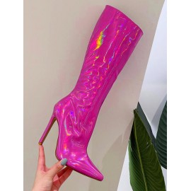 Pair of Stiletto Heel Metallic PU Pointed Toe Boots